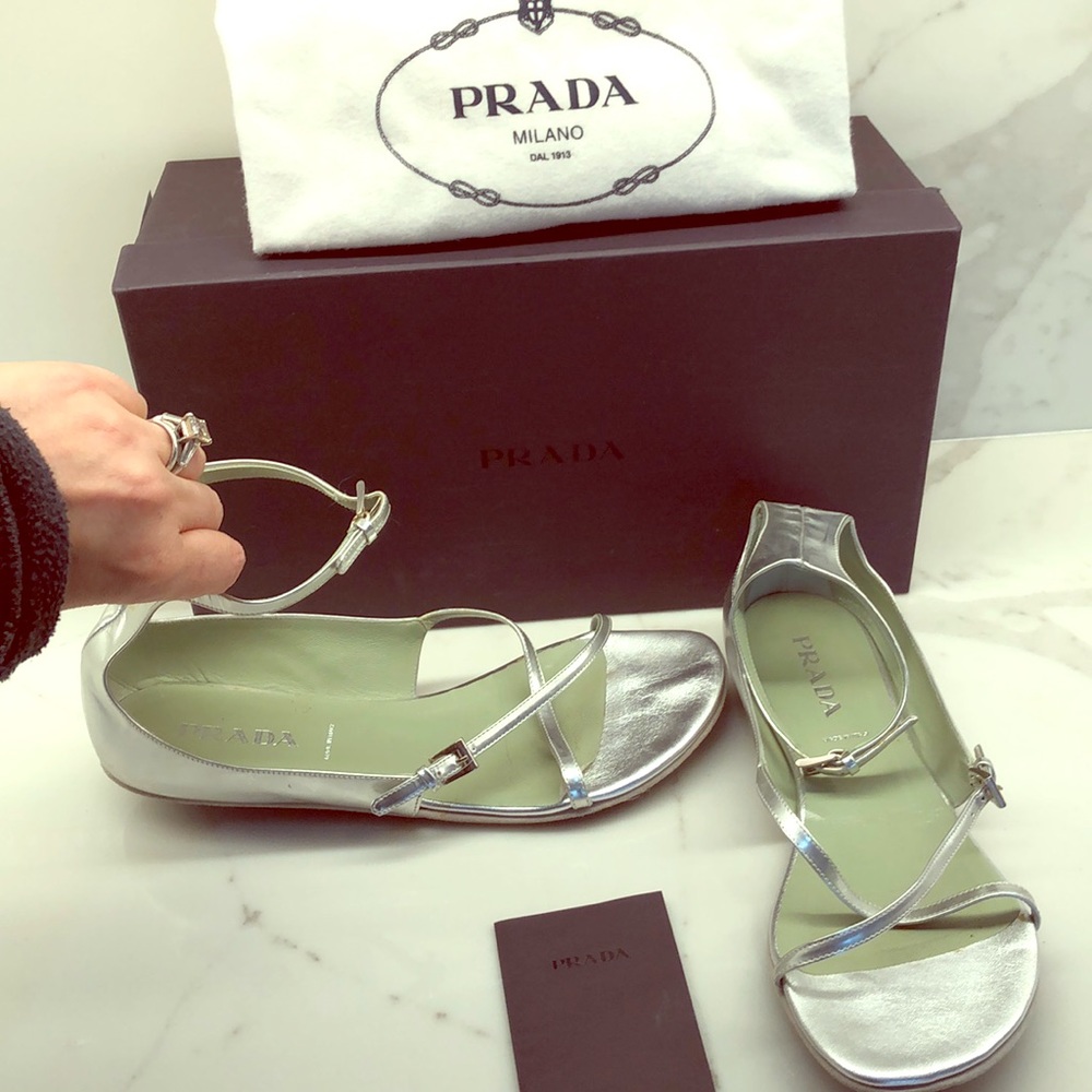 Prada Flat Metallic Silver Ankle Goddess sandals.